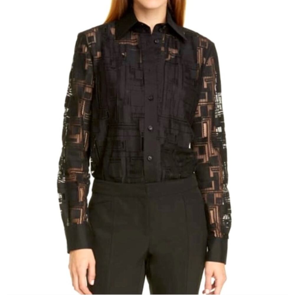 Lafayette 148 New York James Black Lace Sheer Button Up Blouse Size Medium - Picture 6 of 8